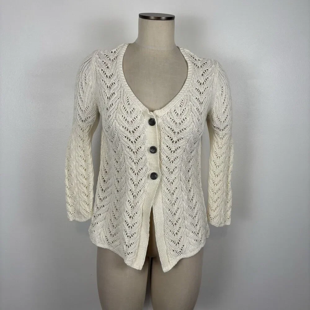 VTG Talbots Womens Small Cream White Open Knit Crochet Cardigan Cotton